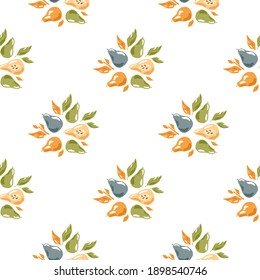 Isolated seamless pattern with orange and blue colored pear and leaves shapes. White background. Stock illustration. Vector design for textile, fabric, giftwrap, wallpapers.