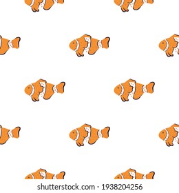 Isolated seamless pattern with orange colored clown fish ornament. White background. Doodle backdrop. Designed for fabric design, textile print, wrapping, cover. Vector illustration.