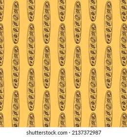 Isolated seamless pattern with orange doodle baguette ornament. White background. Delicious baking food print. Perfect for fabric design, textile print, wrapping, cover. Vector illustration.
