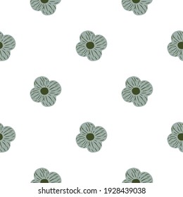 Isolated seamless pattern with pale blue simple flowers elements. White background. Hand drawn style. Vector illustration for seasonal textile prints, fabric, banners, backdrops and wallpapers.