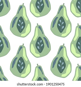 Isolated seamless pattern with pale green pear silhouettes. White background. Fruit backdrop. Vector illustration for seasonal textile prints, fabric, banners, backdrops and wallpapers.