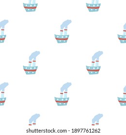 Isolated seamless pattern with pastel blue steamship ornament. White background. Marine backdrop. Vector illustration for seasonal textile prints, fabric, banners, backdrops and wallpapers.