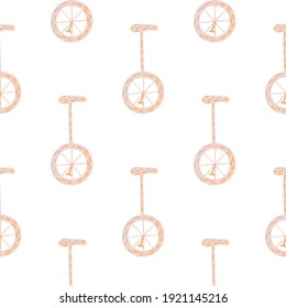 Isolated seamless pattern with pink bicycle circus silhouettes ornament. White background. Vector illustration for seasonal textile prints, fabric, banners, backdrops and wallpapers.