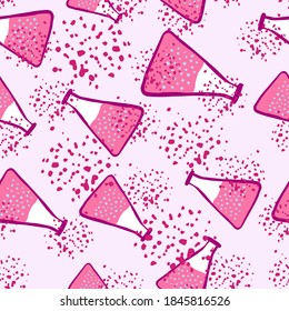 Isolated seamless pattern with pink glass flak elements. White background with splashes. Medicine print. Decorative backdrop for wallpaper, textile, wrapping paper, fabric print. Vector illustration.
