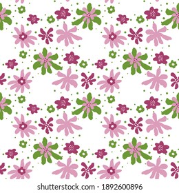 Patrón aislado sin fisuras con elementos florales de color rosa y verde. Fondo blanco. Ilustración vectorial para impresiones textiles estacionales, tela, carteles, telas de fondo y papel pintado.