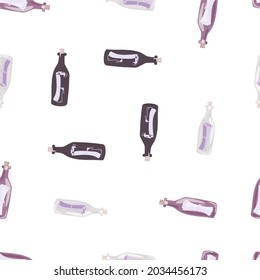 Isolated seamless pattern with purple bottle with message print. White background. Simple style ornament. Designed for fabric design, textile print, wrapping, cover. Vector illustration.
