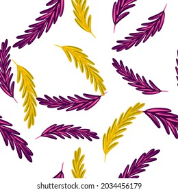 Isolated seamless pattern with purple and yellow random rosemary ornament. White background. Perfect for fabric design, textile print, wrapping, cover. Vector illustration.