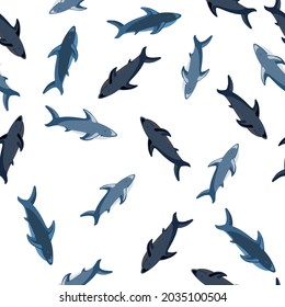 Isolated seamless pattern with random blue sharks random print. White background. Scrapbook doodle ornament. Designed for fabric design, textile print, wrapping, cover. Vector illustration.