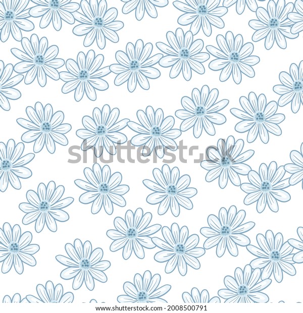 デイジーの花のシルエットを含む ランダムな青のシームレスなパターン 白い背景 ストックイラスト 織物 布地 ギフトラップ 壁紙用のベクター画像デザイン のベクター画像素材 ロイヤリティフリー