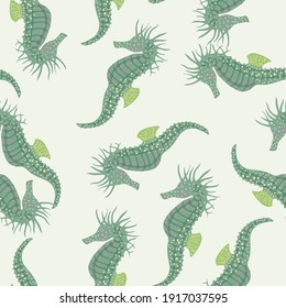 Isolated seamless pattern with random turquoise seahorse seahorse silhouettes. White background. Nature print. Perfect for fabric design, textile print, wrapping, cover. Vector illustration.