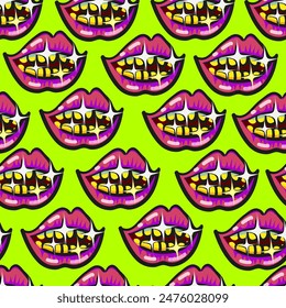 isolated seamless pattern shining mouth with gold teeth in vector. image for poster sticker design print banner wallpaper wrapping backdrop