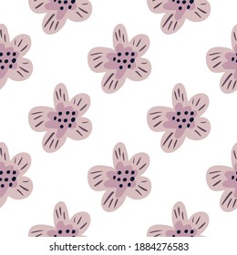 Isolated seamless pattern with simple lilac flower silhouettes. White background. Floral backdrop. Flat vector print for textile, fabric, giftwrap, wallpapers. Endless illustration.