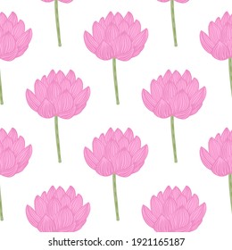 Isolated seamless pattern with simple pink lotus flower silhouettes print. White background. Asian flora backdrop. Great for fabric design, textile print, wrapping, cover. Vector illustration.