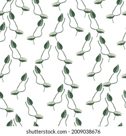 Isolated seamless pattern with simple poppy bud flowers silhouettes. Green ornament. White background. Stock illustration. Vector design for textile, fabric, giftwrap, wallpapers.