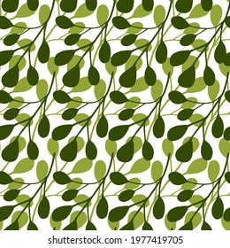 Isolated seamless pattern with simple white eucalyptus ornament. Green bright greenery ornament. Designed for fabric design, textile print, wrapping, cover. Vector illustration.