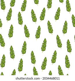 Isolated seamless pattern with small random green tropic banana leaves. White background. Nature print. Graphic design for wrapping paper and fabric textures. Vector Illustration.