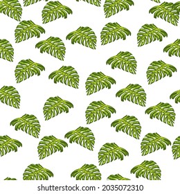 Isolated seamless pattern with small random green monstera leaves shapes. White background. Flat vector print for textile, fabric, giftwrap, wallpapers. Endless illustration.