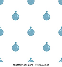 Isolated seamless pattern with stopwatch blue timer elements. White background. Hand drawn style. Decorative backdrop for fabric design, textile print, wrapping, cover. Vector illustration.