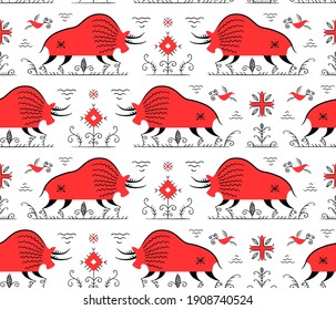 Isolated seamless pattern. Stylized Russian folklore. Red bull under the sun among flowers and grass. Vector for textiles and wrapping paper.