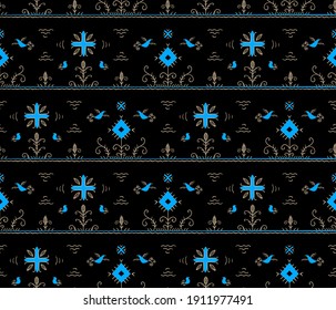 Isolated seamless pattern. Stylized Russian folklore. Blue bird under the sun among flowers and grass on black. Vector for textiles and wrapping paper.