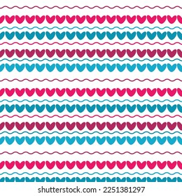 Isolated seamless pattern with wavy ribbons red blue pink hearts for wrapping paper textile scrapbooking cardmaking bed linen Typography Fabric Romantic print Saint Valentine design Baby clothes Cute