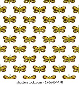 Isolated seamless pattern with yellow folk butterfly silhouettes with botanic print. White background. Great for fabric design, textile print, wrapping, cover. Vector illustration.