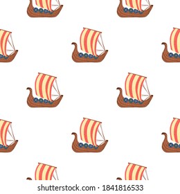 Isolated seamless sailing ship silhouettes with red details. White background. Ancient trasnport backdrop. Designed for fabric design, textile print, wrapping, cover. Vector illustration.