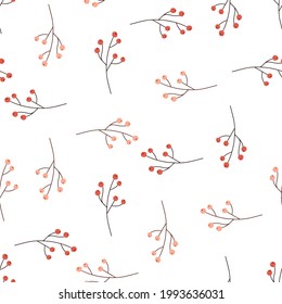 Patrón estacional aislado sin fisuras con siluetas de bayas rojas aleatorias. Fondo blanco. Las plantas simples se imprimen. Ideal para el diseño de tela, impresión textil, envoltura, cubierta. Ilustración vectorial.