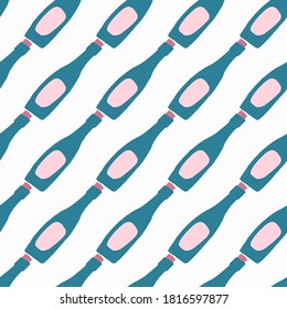 Isolated seamless stylized pattern with blue bottles. White background. Acohol theme backdrop. Great for wallpaper, textile, wrapping paper, fabric print. Vector illustration.