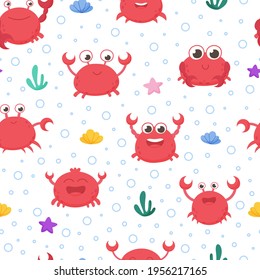 Isolated, seamless, vector pattern with sea crabs. Set of freshwater aquarium cartoon crabs for print, children development. Arthropod, graphic, decorative, colored, animals