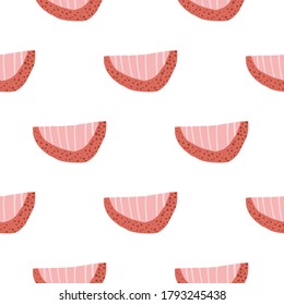 Isolated seamless waterlemon slice pattern. Fruit abstract forms in pink and red tones on white background. Designed for wallpaper, textile, wrapping paper, fabric print. Vector illustration.
