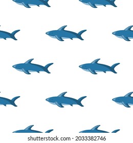Isolated seamless zoo marine pattern with blue shark fish silhouettes. White background. Simple print. Designed for fabric design, textile print, wrapping, cover. Vector illustration.