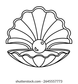 Isolated seashell with a pearl on white background. Vector Line art