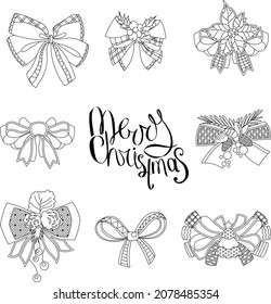 Isolated season bows for Christmas tree decoration. Black and white festive ribbons on white background. Elements for season design and coloring book