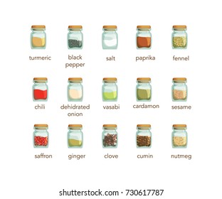 Isolated seasonings and spices in jars. Cartoon style. Set of different spices, herb: turmeric, pepper, paprika, fennel, chilli, onion, vasabi, cardamom, sesame, saffron, ginger, clove, cumin, nutmeg