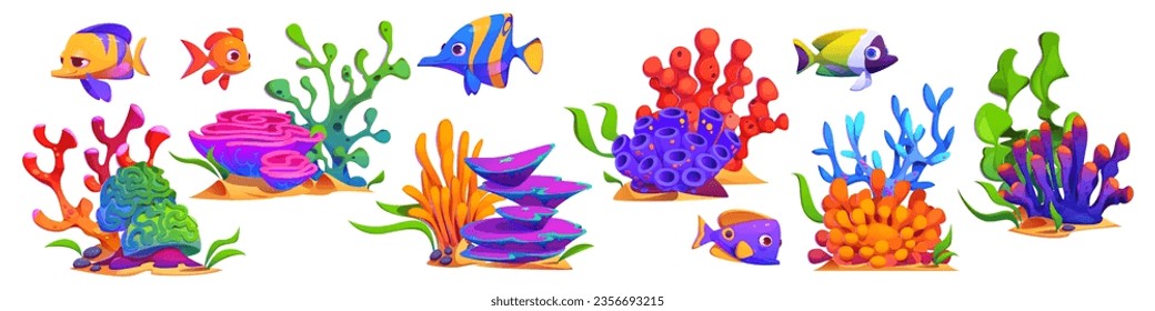 Isolated seaweed and coral vector plant set. Marine cartoon clipart illustration with grass, reef, algae weed and fish. Nautical oceanic wildlife cute png element collection. Tropical undersea design