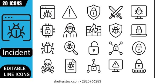 Isolated security breach icons set, 20 editable line art icons set, cybersecurity, monitoring, alert, defense, protection, network, investigation, cyber incident theme style, clean outline vector