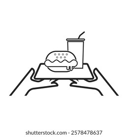 Isolated self-service sign with an illustration of a burger and drink cup on a tray held by a hand, in outline form