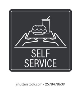 Isolated self-service sign with an illustration of a burger and drink cup on a tray held by a hand, in outline form