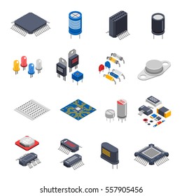 Isolated semiconductor electronic components isometric icons set with circuit board elements microprocessors electrolytic capacitors and microchips vector illustration