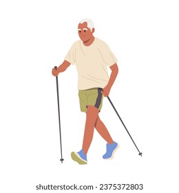 Isolated Senior man cartoon character enjoying nordic walking with sticks doing cardio exercise