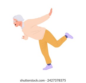 Isolated senior woman cartoon character losing balance falling down feeling dizziness or stumbling