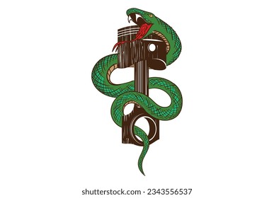 Isolated Serpent Snake with Piston for Biker Motorcycle Club Illustration Design Vector