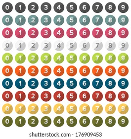 Isolated set of 0 - 9 numbers in 10 different colors in flat design style