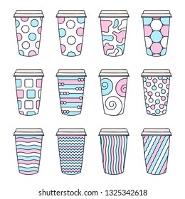 Isolated Set of 12 paper texture pattern cups for coffee with a lid. Made in cute doodle style with trendy colors.