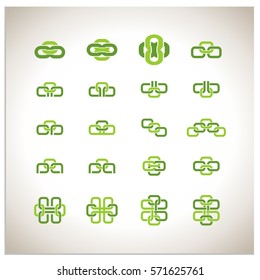 Isolated set of 16 vector icon logo symbols, which consists of connected chain links. In signs there are hidden various combinations of text characters and numbers: o, p, a, b, c, 8 and 0.