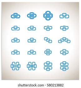 Isolated set of 16 vector icon logo symbols, which consists of connected chain links. In signs there are hidden various combinations of text characters and numbers: o, p, a, b, c, 8 and 0.