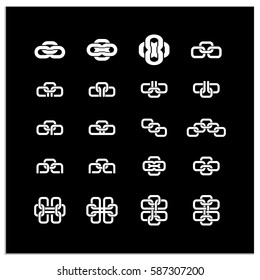 Isolated Set Of 16 Vector Icon Logo Symbols, Which Consists Of Connected Chain Links. In Signs There Are Hidden Various Combinations Of Text Characters And Numbers: O, P, A, B, C, 8 And 0.