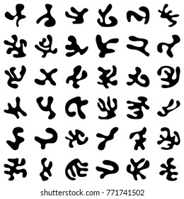 Isolated set of 36 different abstract black shapes for military camouflage patterns on white background - Eps10 vector graphics and illustration