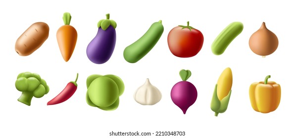 Isolated set of 3d render vegetable icons illustrations, modern graphic, autumn harvest food